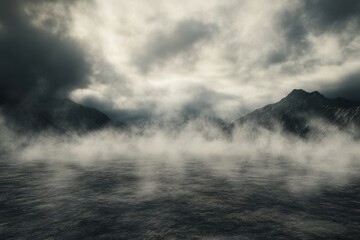 Fototapeta premium Heatwaves Distorting the Air Above Barren Landscape with Mountains in the Distance, Creating a Mysterious and Atmospheric Scene with Overcast Skies