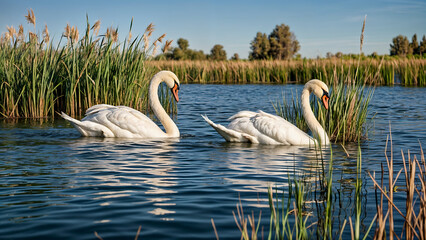 A pair of white swans swimming in a quiet lake among reeds © Белинская Наталия