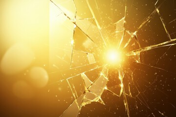 Fototapeta premium High-resolution close-up of shattered glass with sparkling textures and golden background, showcasing intricate shard patterns and luminous effects highlighting fragility and beauty.