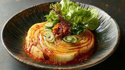 A traditional serving of Napa cabbage kimchi in a round form, its bright red chili paste and fresh garnishes highlighted on a rustic plate.