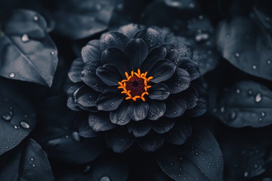 A gothic-themed zinnia bloom surrounded by dark ivy and glowing under faint moonlight in a shadowy garden
