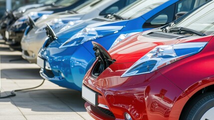 Modern electric vehicles lined up at dealership lot showcasing sustainable transportation solutions and the future of eco-friendly mobility.