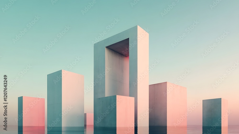Poster floating architectural segments in surreal minimal composition