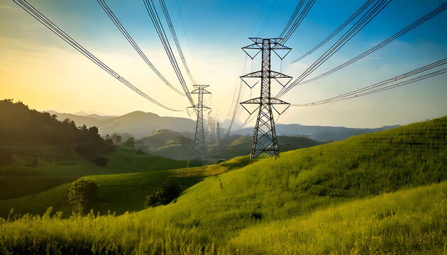 Stunning sunset view of electricity pylons and power lines traversing a picturesque landscape of rolling green hills. Ideal for energy, infrastructure, and environmental projects.