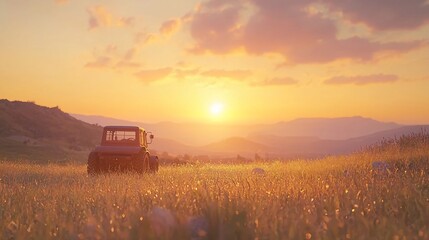 Fototapeta premium Sunset over idyllic farmland with vehicle.