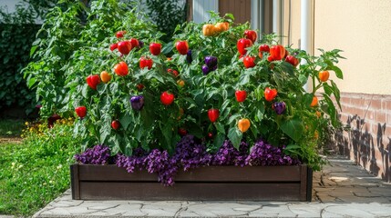 Obraz premium A vibrant patio corner featuring ornamental Capsicum plants with bright red and purple peppers.