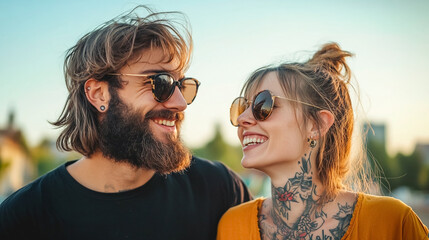  hipsters with tattoos on face and neck outdoors, Hipster couple having fun in the city.