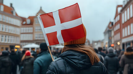 Woman in hat and jacket holding Danish flag on Copenhagen street. Demonstrations, protests of people in city center. View from the back, winter, autumn