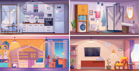 Apartment rooms. interiors of kitchen living room bathroom and kids playground
