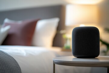 Modern Smart Speaker on a Stylish Bedside Table in a Cozy Bedroom Setting with Soft Lighting and Plush Bed Linens