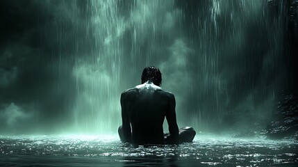Obraz premium Man meditates in front of a powerful waterfall.