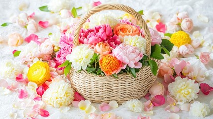 A wicker basket filled with fresh roses, peonies, and chrysanthemums, surrounded by scattered petals.