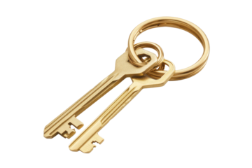 House key pair with metal house shaped keyring isolated on white background. PNG


