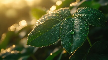 Vibrant green clover with dew drops bathed in golden sunlight, symbolizing luck and renewal in nature's embrace.