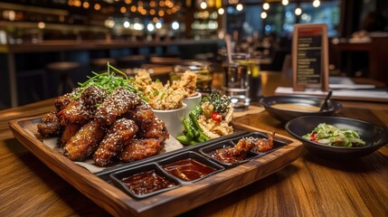 Obraz premium A wooden platter featuring crispy Korean chicken wings glazed with spicy sauce, garnished with sesame seeds and chives, perfect for sharing.