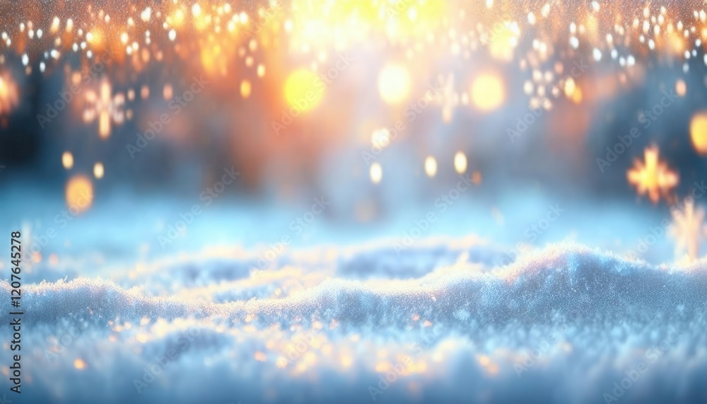 Poster golden sunlight sparkling over fresh snow, abstract winter background with warm bokeh lights and fro