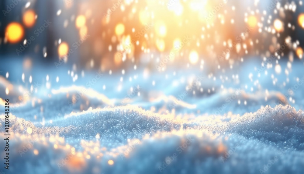 Poster golden sunlight sparkling over fresh snow, abstract winter background with warm bokeh lights and fro