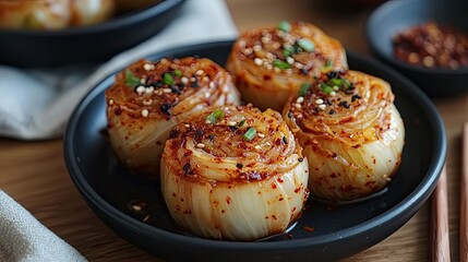 Beautifully plated Korean Napa cabbage kimchi in a compact, round presentation, showcasing its spicy and rich flavor.