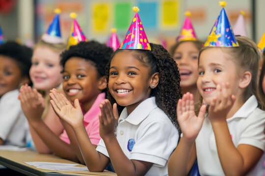 A diverse group of first-grade students wearing party hats, clapping hands and smiling together during a classroom birthday celebration.