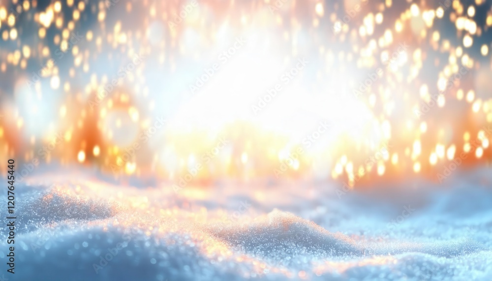 Poster golden sunlight sparkling over fresh snow, abstract winter background with warm bokeh lights and fro