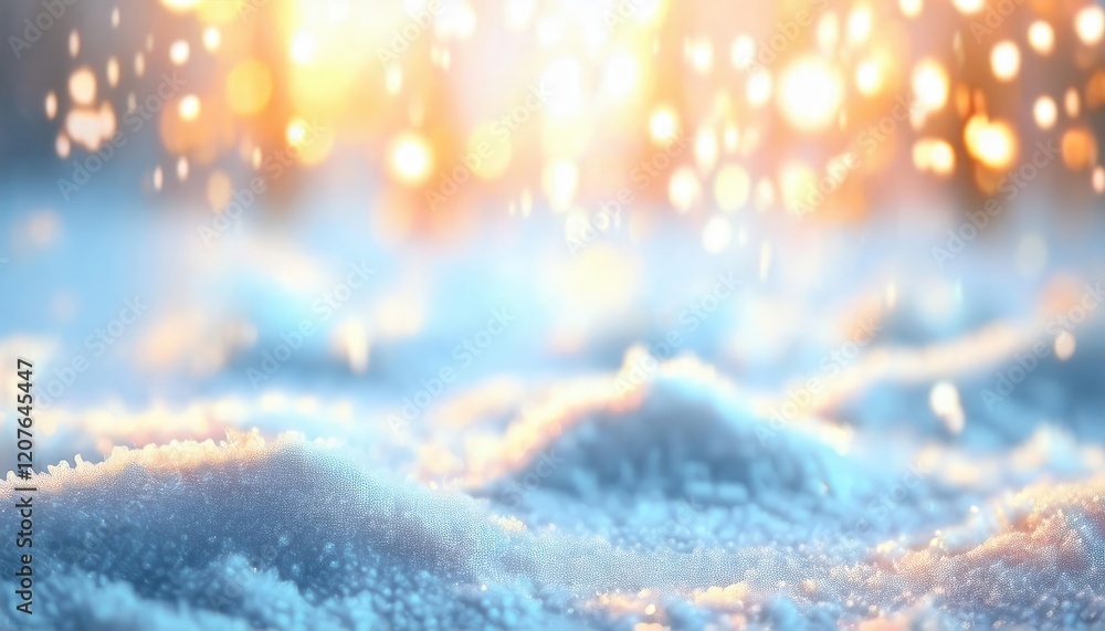 Poster golden sunlight sparkling over fresh snow, abstract winter background with warm bokeh lights and fro