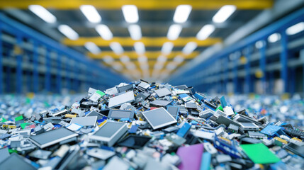 e-waste collection for recycling concept. large pile of discarded electronic devices in recycling facility