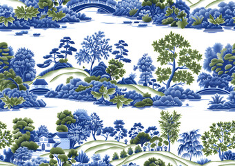 Seamless blue and green pastoral landscape pattern with trees, bridges and traditional Asian decorative elements
