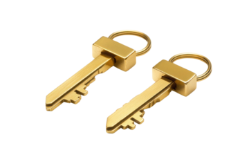 House key pair with metal house shaped keyring isolated on white background. PNG


