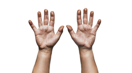 Human Hands with Dirt Stains Raised Up on Black Background Concept of Labor, Work, Effort, and Cleaning