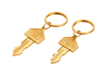House key pair with metal house shaped keyring isolated on white background. PNG


