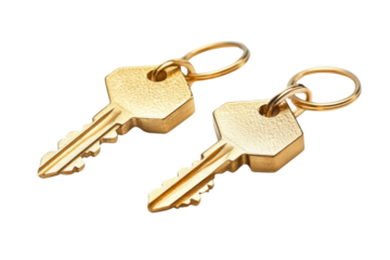 House key pair with metal house shaped keyring isolated on white background. PNG



