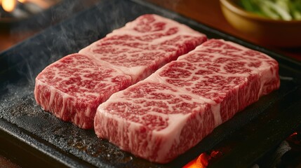 Close-up of marbled Hanwoo beef sizzling on a grill, surrounded by the warm glow of charcoal and smoke.