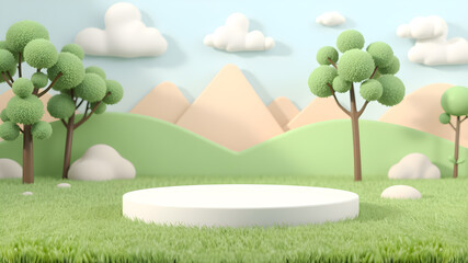 Fototapeta premium Green lawn with empty pedestal. Clouds, trees and plasticine mountains. Cute illustration in pastel colors. Minimal 3d art style. Empty space for advertising baby products. Generative AI