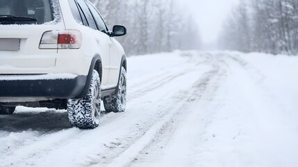 Prepared for Winter Driving:SUV with Snow Chains on Snowy Country Road