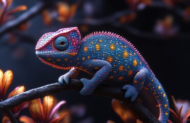 3D cartoon-style colorful chameleon sitting on a tree branch in a vibrant scene.