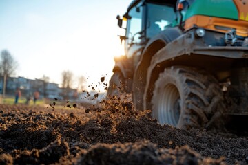 A tractor tills the land, kicking up soil as the sun shines brightly, representing labor and the vital role of machinery in modern agriculture and farming practices.