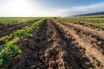 Rows of vibrant green crops flourish alongside solar panels, merging agriculture and technology, symbolizing sustainable farming practices in harmony with nature.