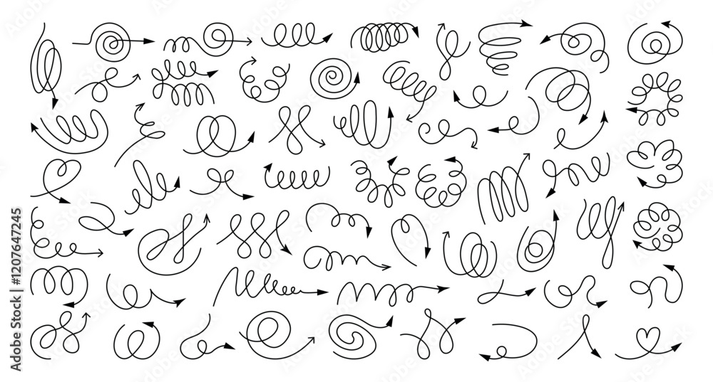 Poster spirals. springs illustrations different type of drawn spirals with arrows ending recent vector temp