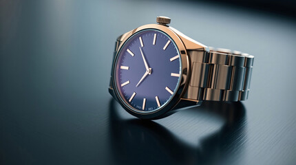 luxury stainless steel watch in close-up on polished wooden surface, highlighting its sleek design and precision in a sophisticated setting