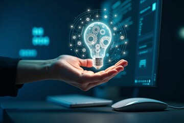 Futuristic Concept: A Hand Presenting a Glowing Light Bulb as a Symbol of Innovation and Creative Technology
