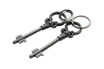 House key pair with metal house shaped keyring isolated on white background. PNG


