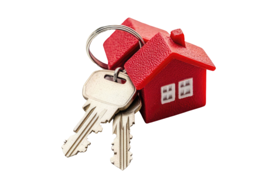 House key pair with metal house shaped keyring isolated on white background. PNG


