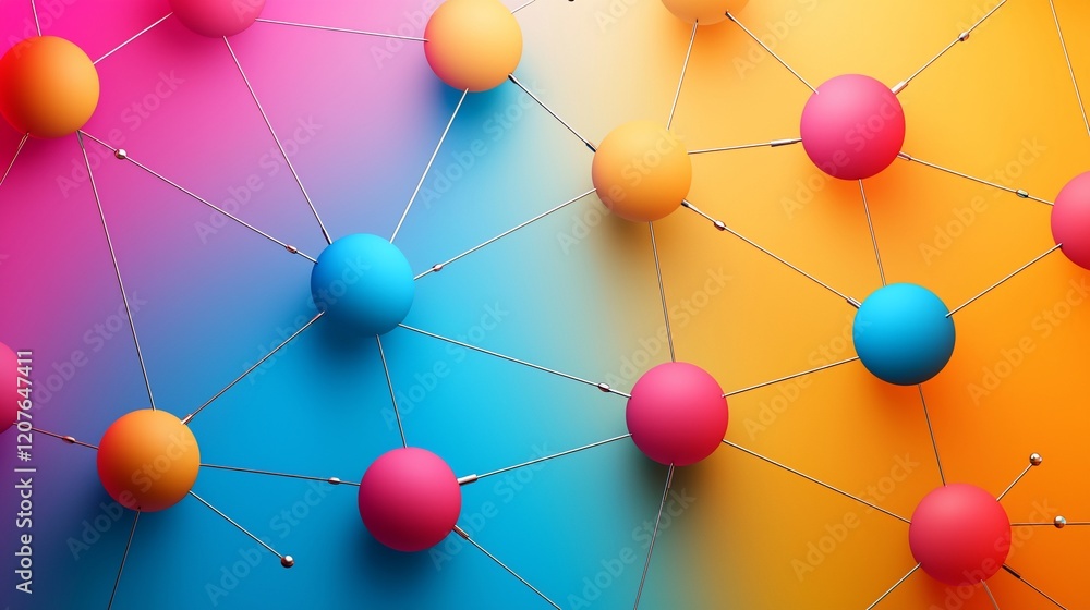 Poster colorful spheres connected by thin lines against a vibrant gradient background.