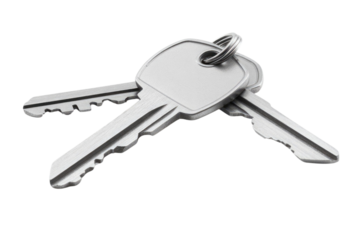 House key pair with metal house shaped keyring isolated on white background. PNG


