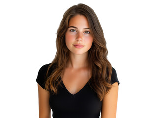 Fototapeta premium portrait of young caucasian brunette looking at camera with candid smile on white or transparent background