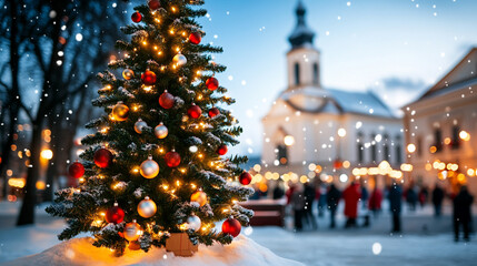 A beautifully decorated Christmas tree glowing with lights in a snowy festive scene.