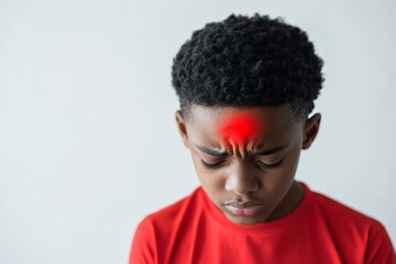 Obraz premium Young boy with a visible headache sitting indoors while wearing a red shirt and frowning, expressing discomfort and concern