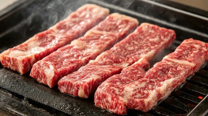 Korean beef BBQ grilling over glowing hot coals, with tender slices of meat sizzling and smoke rising in a traditional restaurant setting.