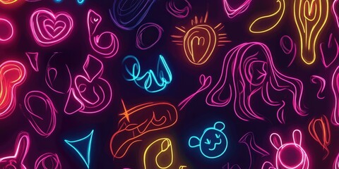 Vibrant Neon Doodle Art Featuring Colorful Lines and Playful Shapes