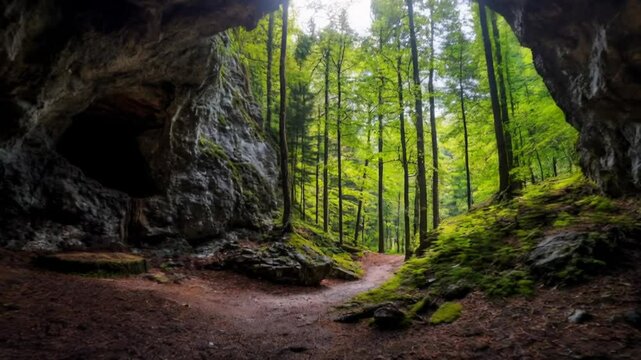 Cave entrance in a lush green forest with a path leading into the woods.